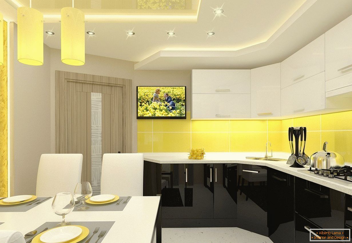 Gelb-weißer Kücheninnenraum in der Wohnung