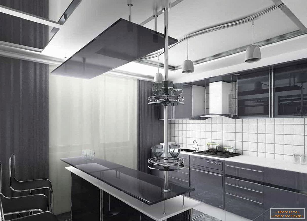 Dunkle Vorhänge und eine dunkle Fassade der Küche kombiniert mit einer weißen Schürze und Decke