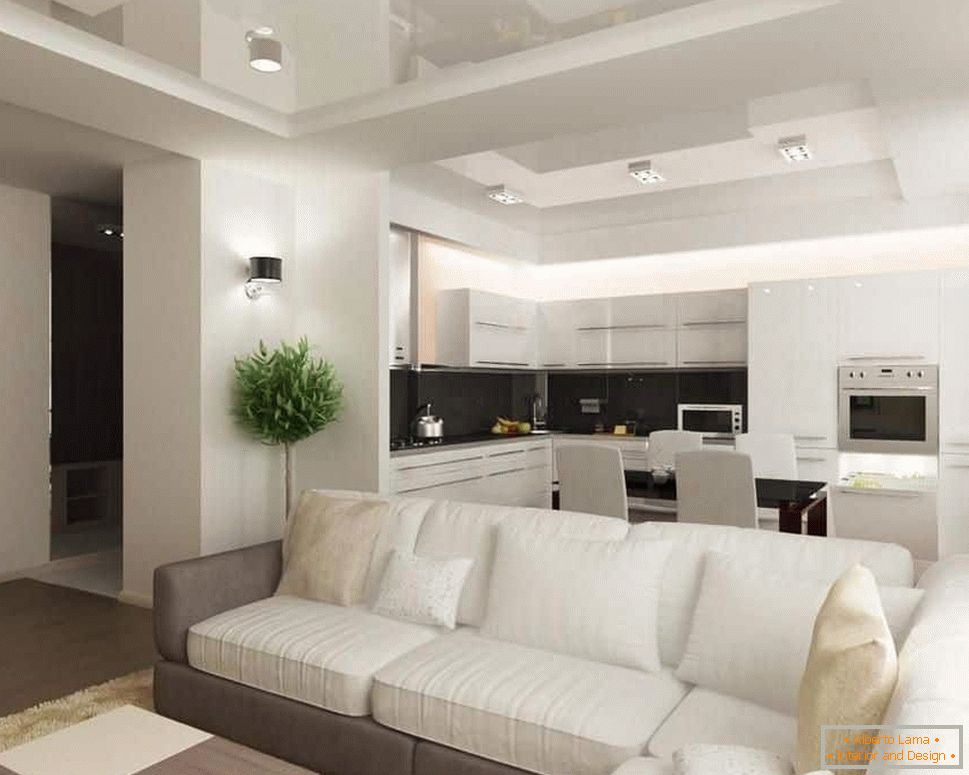 Wohnzimmer der quadratischen Form kombiniert mit Küche