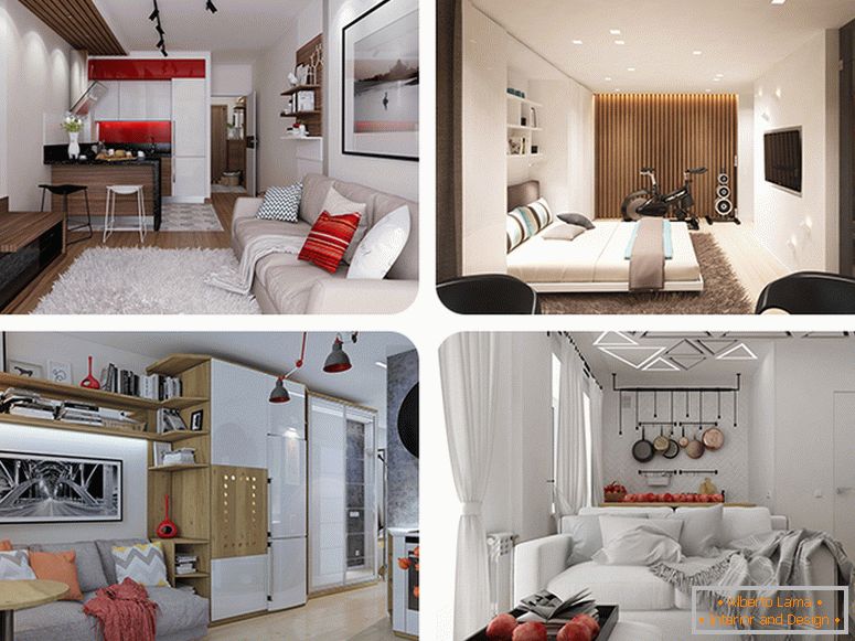 Design von Wohnungen 30 Quadratmetern. m in verschiedenen Versionen