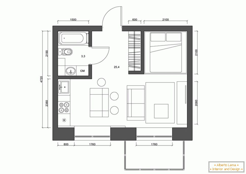 Layout der Wohnung 30 Quadratmeter. m in schwarz und weiß