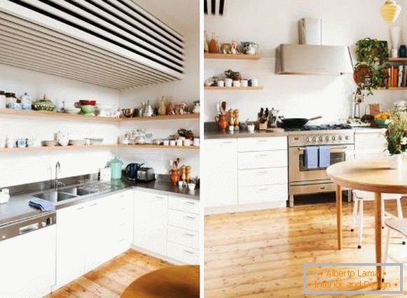 Skandinavisches Küchendesign in Chruschtschow - im Foto mit offenen Regalen