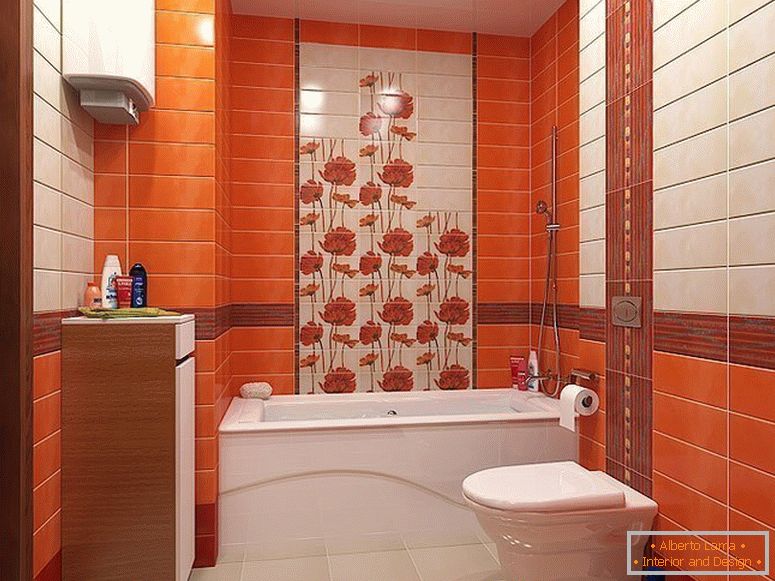 Orange Fliesen im Inneren eines kleinen Badezimmers
