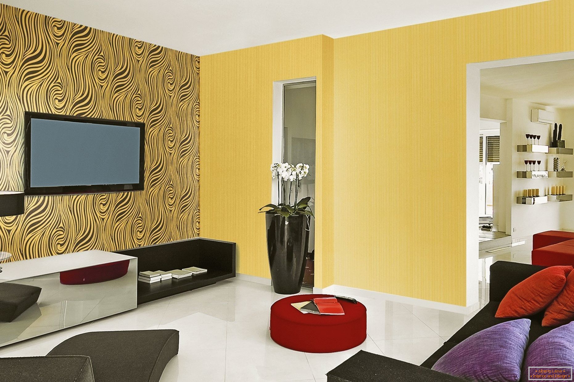 Gelbe Wände und weißer Boden im Wohnzimmer