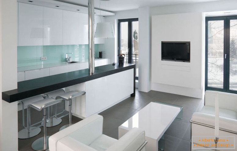 Schlafzimmer-einfach-Studio-Wohnung-Design-Idee-für-Wohnzimmer-mit-weiß-Sofa-mit-weiß-Tisch-grau-Boden-Fliesen-und-Glas-Tür-mit-schwarz-Rahmen-elegant- Studio-Apartment-Design-Ideen