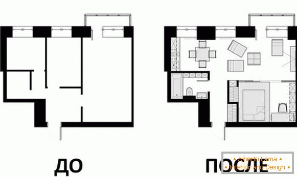 Design Apartment Design 40 qm - Zeichnung vor und nach