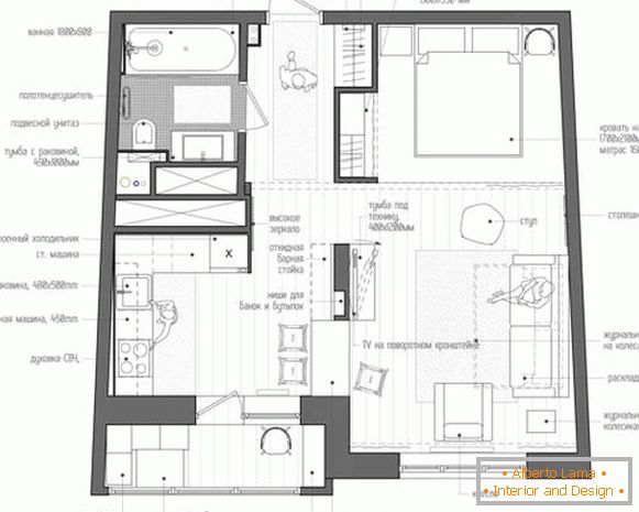 Foto-Design-Projekt von Ein-Zimmer-Wohnung von 40 qm