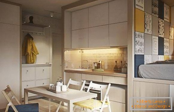 Modisches Design der Ein-Zimmer-Wohnung von 40 qm - Foto von Küche und Schlafzimmer