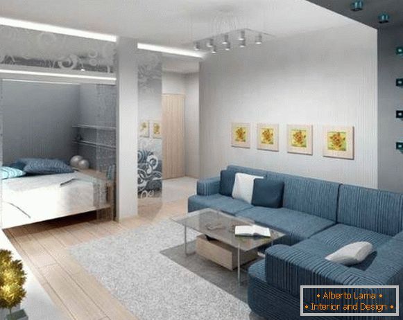 Ein-Zimmer-Wohnung Design: aufgeteilt in zwei Zonen ein Schlafzimmer und eine Halle