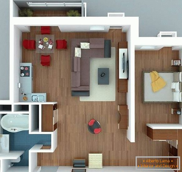 Design-Projekt von Ein-Zimmer-Studio-Apartment in einem modernen Stil