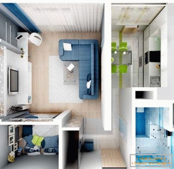 Design-Projekt der Ein-Zimmer-Wohnung mit einem kleinen Schlafzimmer