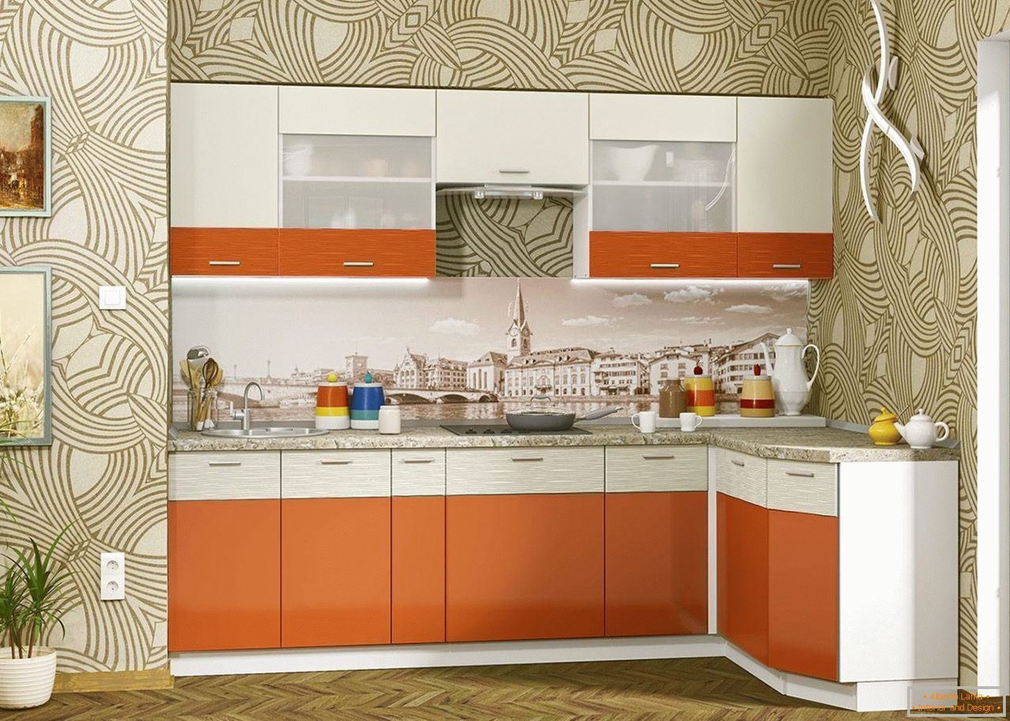 Kompakte Küche in orange Farbe