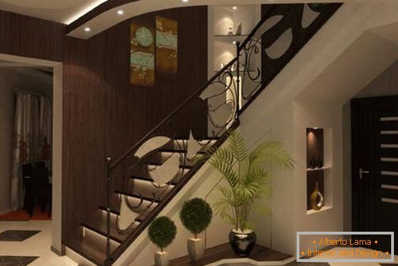 Entwurf einer Eingangshalle mit einer Treppe in einem privaten Haus in dunklen Tönen