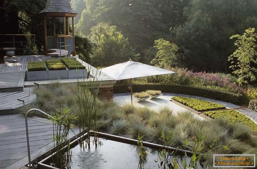 Teich und Pavillon im Garten