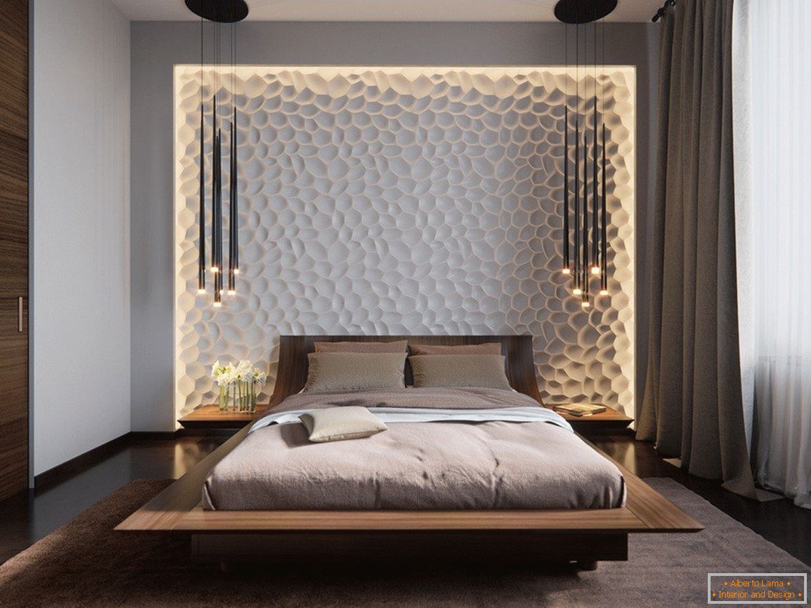 3D-Panels an der Schlafzimmerwand mit Beleuchtung