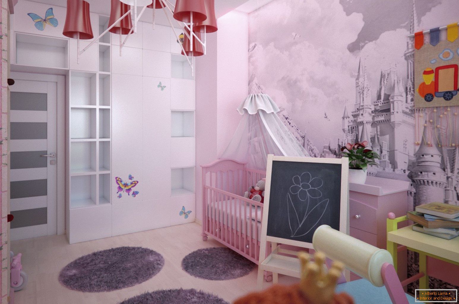 Innenarchitektur des Kinderzimmers des Mädchens mit einem Verschluss