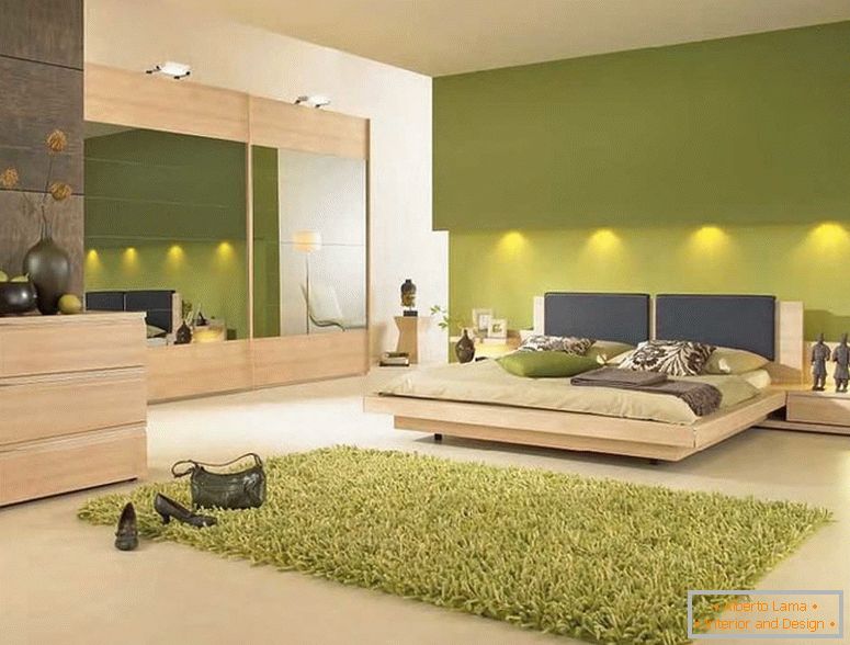 Schlafzimmerinnenraum in den grünen Farben с подсветкой 