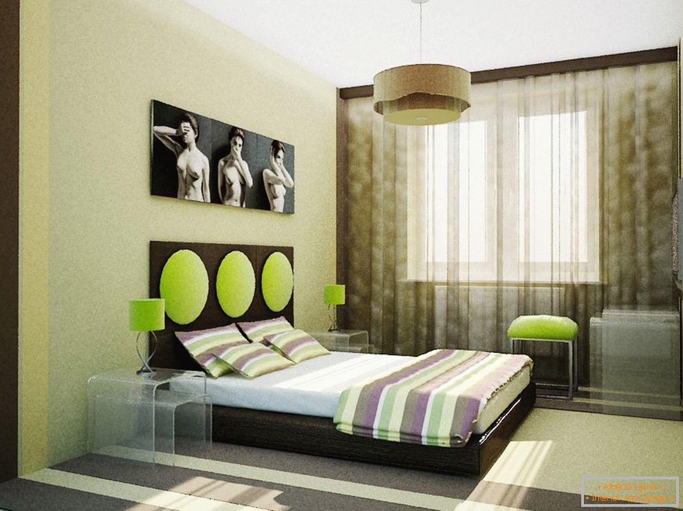 Ungewöhnliches Schlafzimmerdesign in den beige grünen Farben