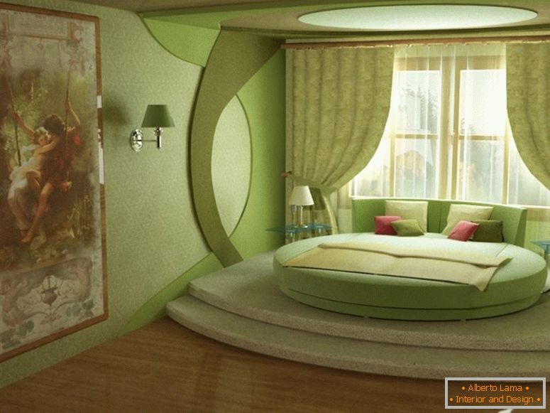 Grünes Schlafzimmer mit rundem Bett
