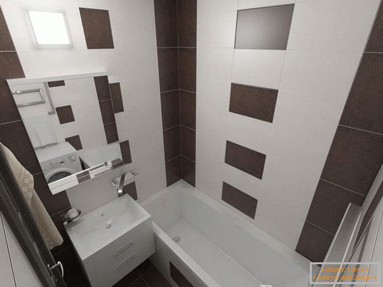 Ein kleines Badezimmer mit weißen und braunen Fliesen