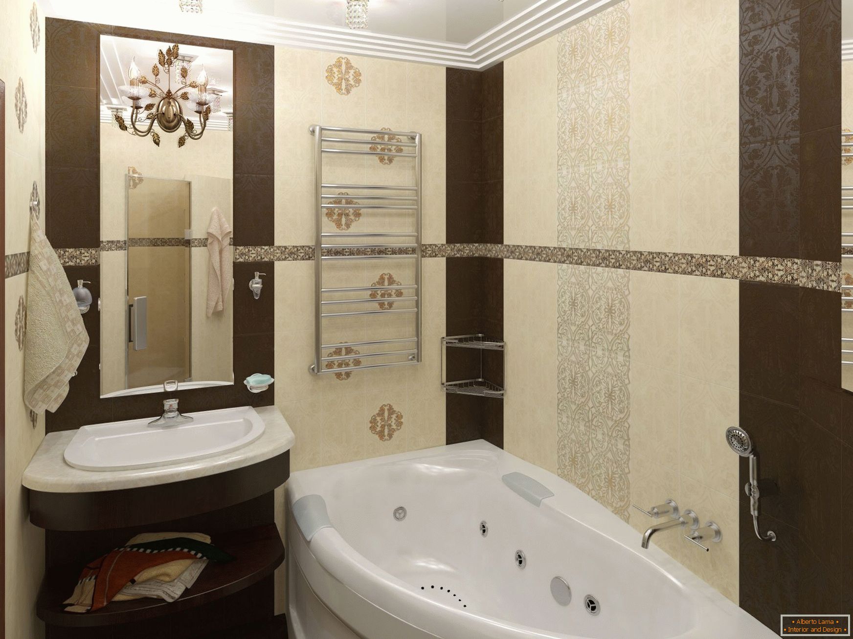 Entwurf eines schmalen Badezimmers in den beige Schokoladenfarben
