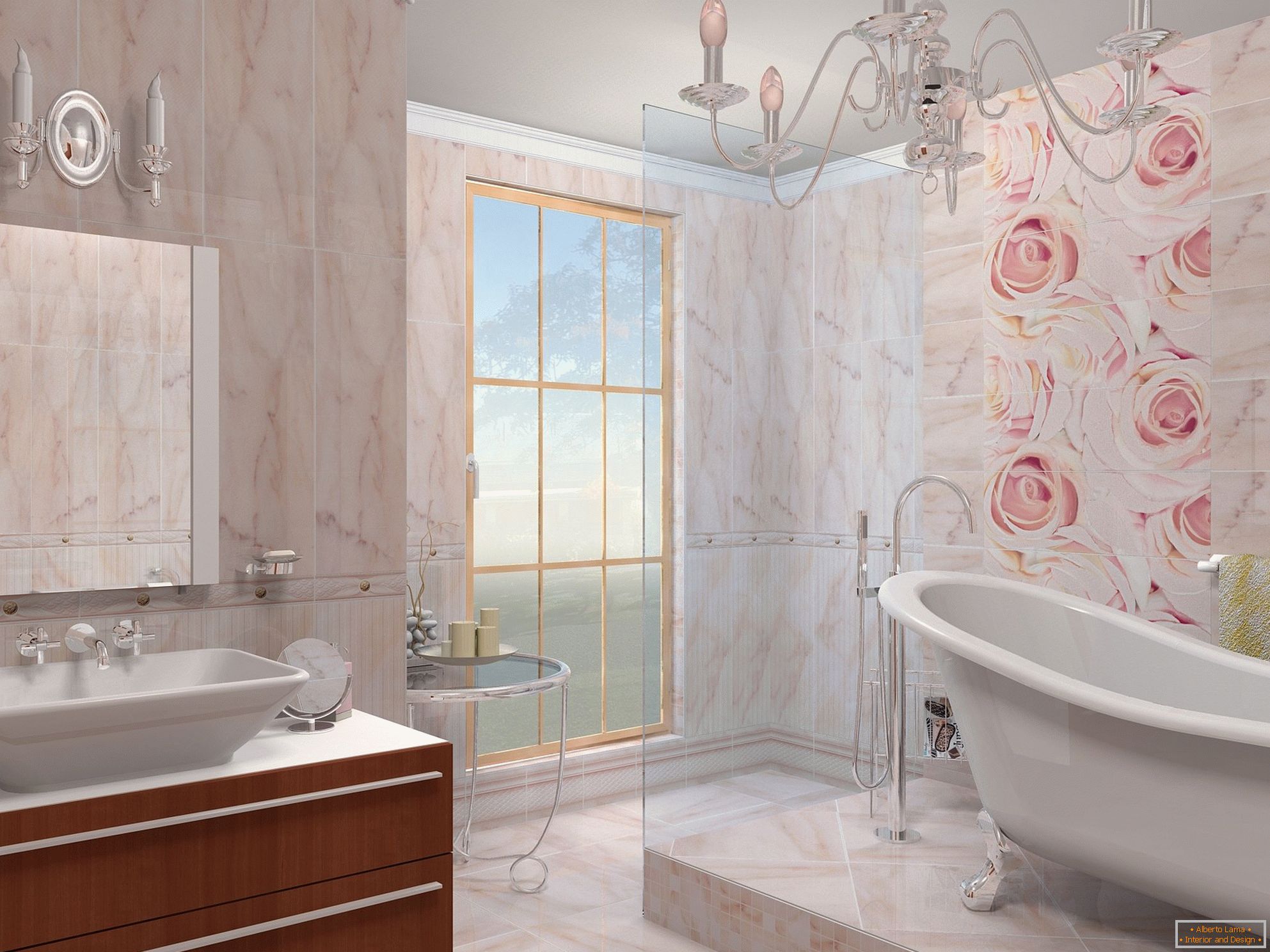 Die Kombination aus Beige und Pink im Design des Badezimmers