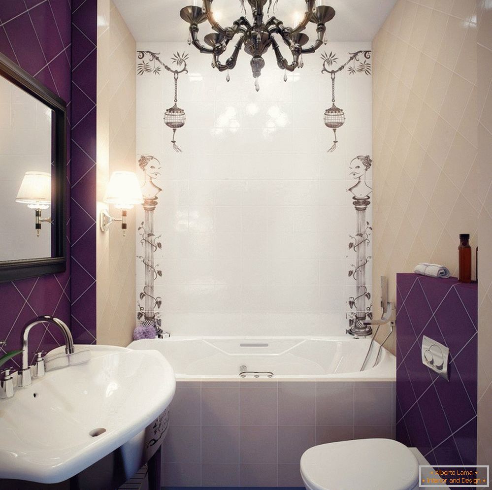 Beenden eines schmalen Badezimmers mit lila Fliesen