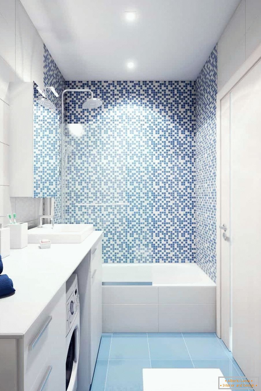 Weiß-blaues Badezimmer im Plattenhaus
