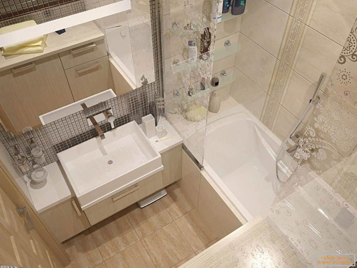 Badezimmerdesign in einem Plattenhaus in beige Farbe
