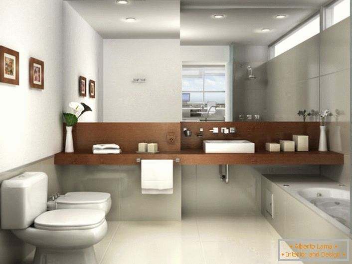 Das Badezimmer im Minimalismus-Stil ist in hellen Grautönen gehalten. Die Aussicht wird von einem großen Spiegel angezogen, der die gesamte Wand über dem Waschbecken einnimmt.