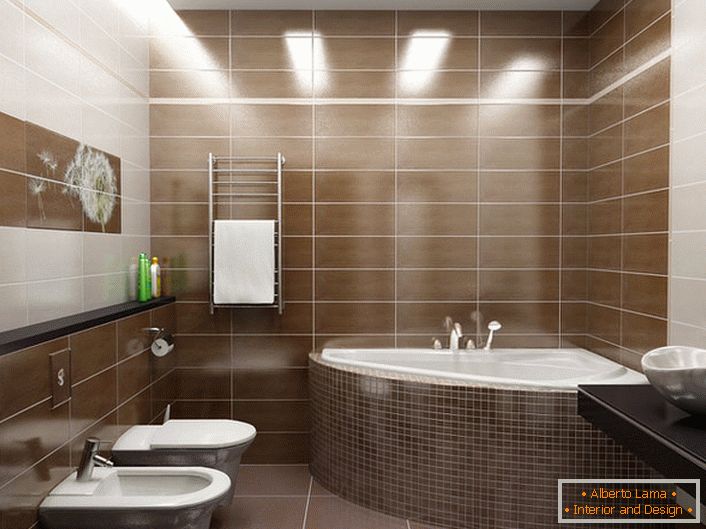 Für die Einrichtung des Badezimmers im modernen Stil wurde eine Platte mit einem Löwenzahn verwendet. Einfache, unkomplizierte Inneneinrichtung im modernen Stil. 