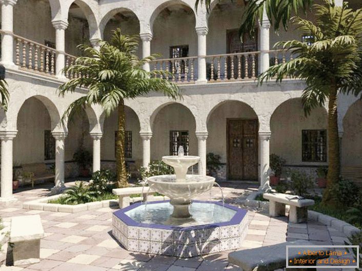 Die beste Dekoration für einen Innenhof im mediterranen Stil ist ein Springbrunnen. Stilvoller, mehrstufiger Springbrunnen von kleinen Dimensionen im Erholungsgebiet.