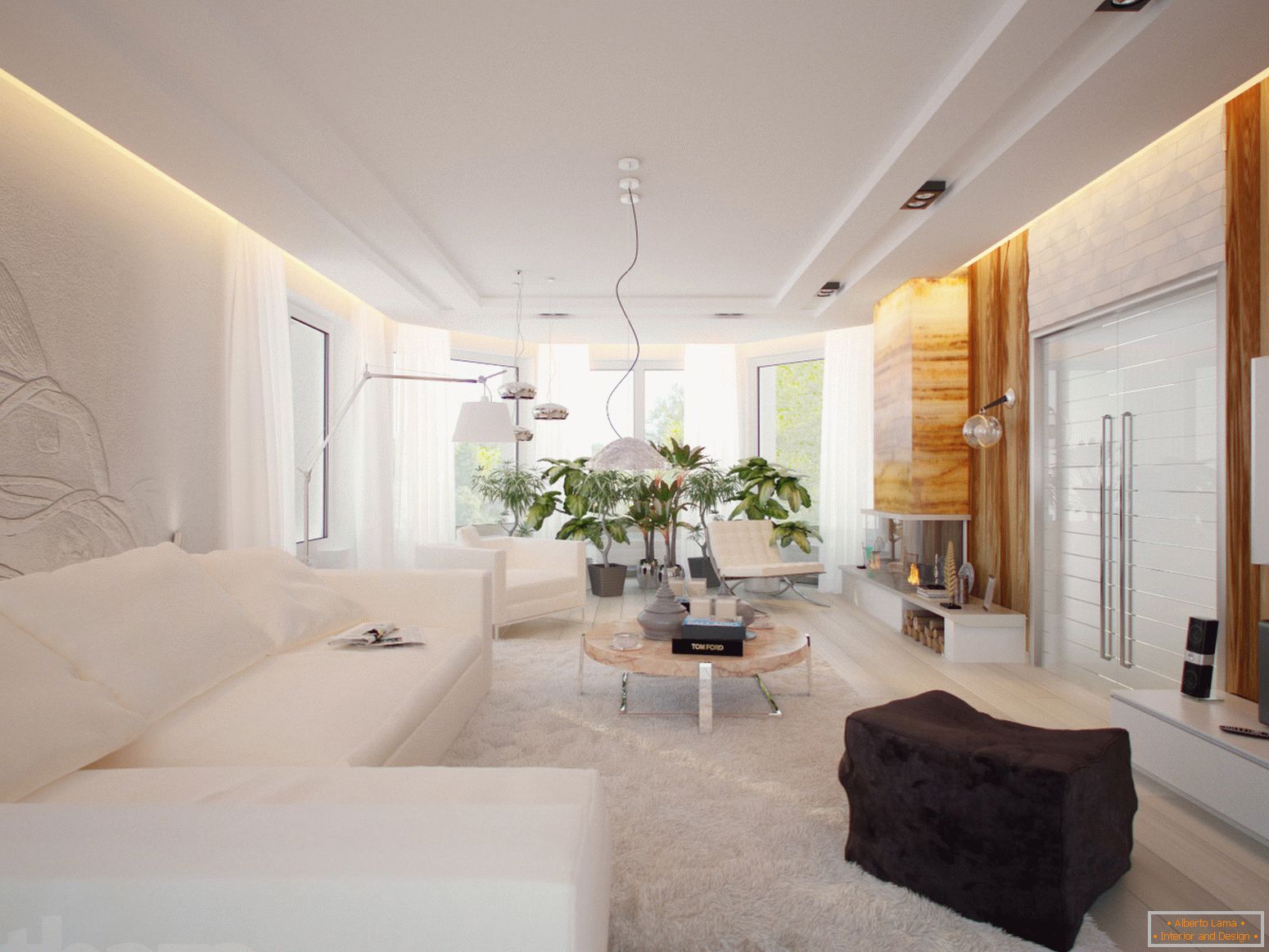 Ein geräumiges und helles Zimmer im minimalistischen Stil ist ein hervorragendes Beispiel für ausgewählte Möbel.