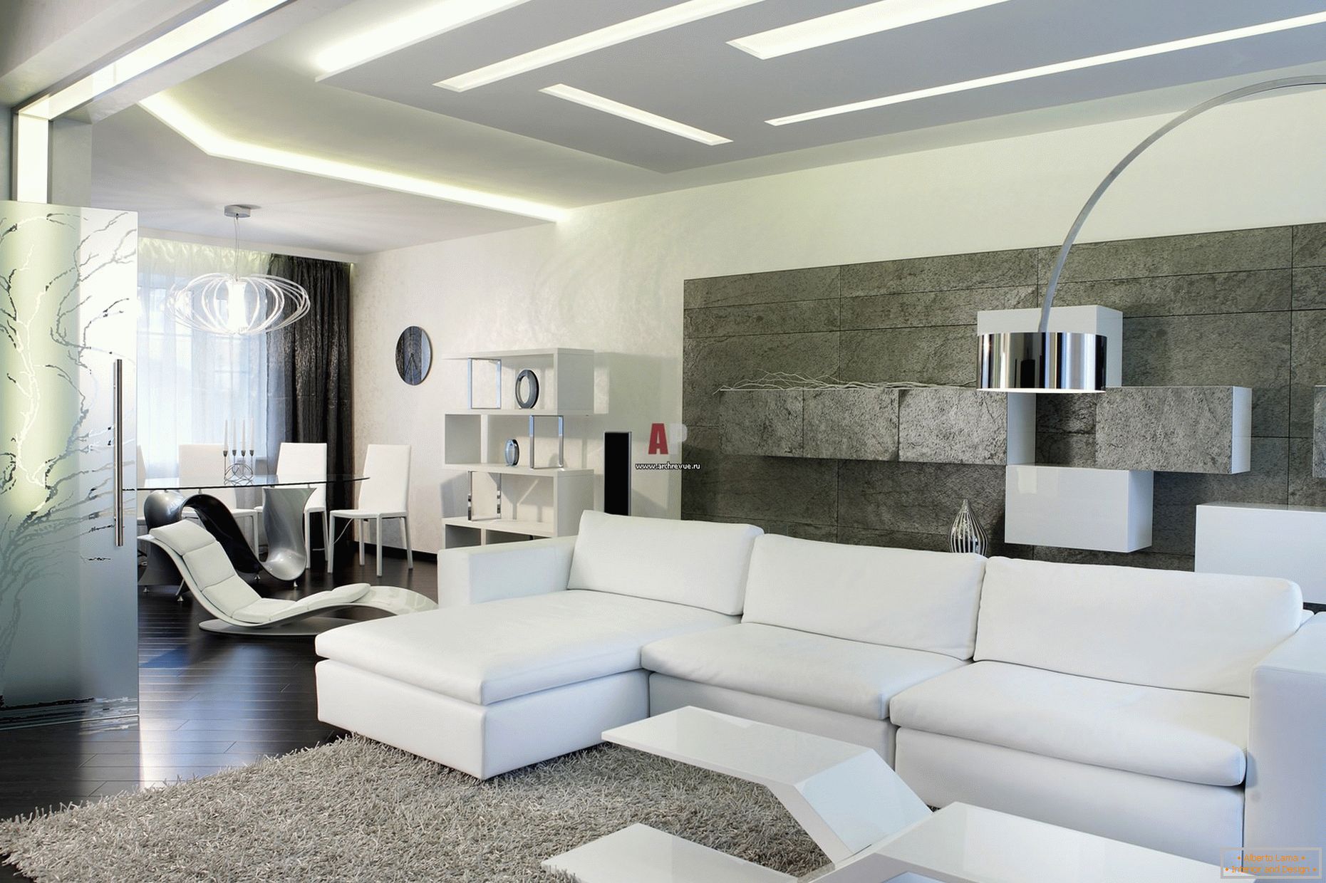 Die weiße Innenausstattung der Gäste des Zimmers im minimalistischen Stil ist bemerkenswert für ein modernes, gewagtes Design mit einem Hauch von High-Tech.