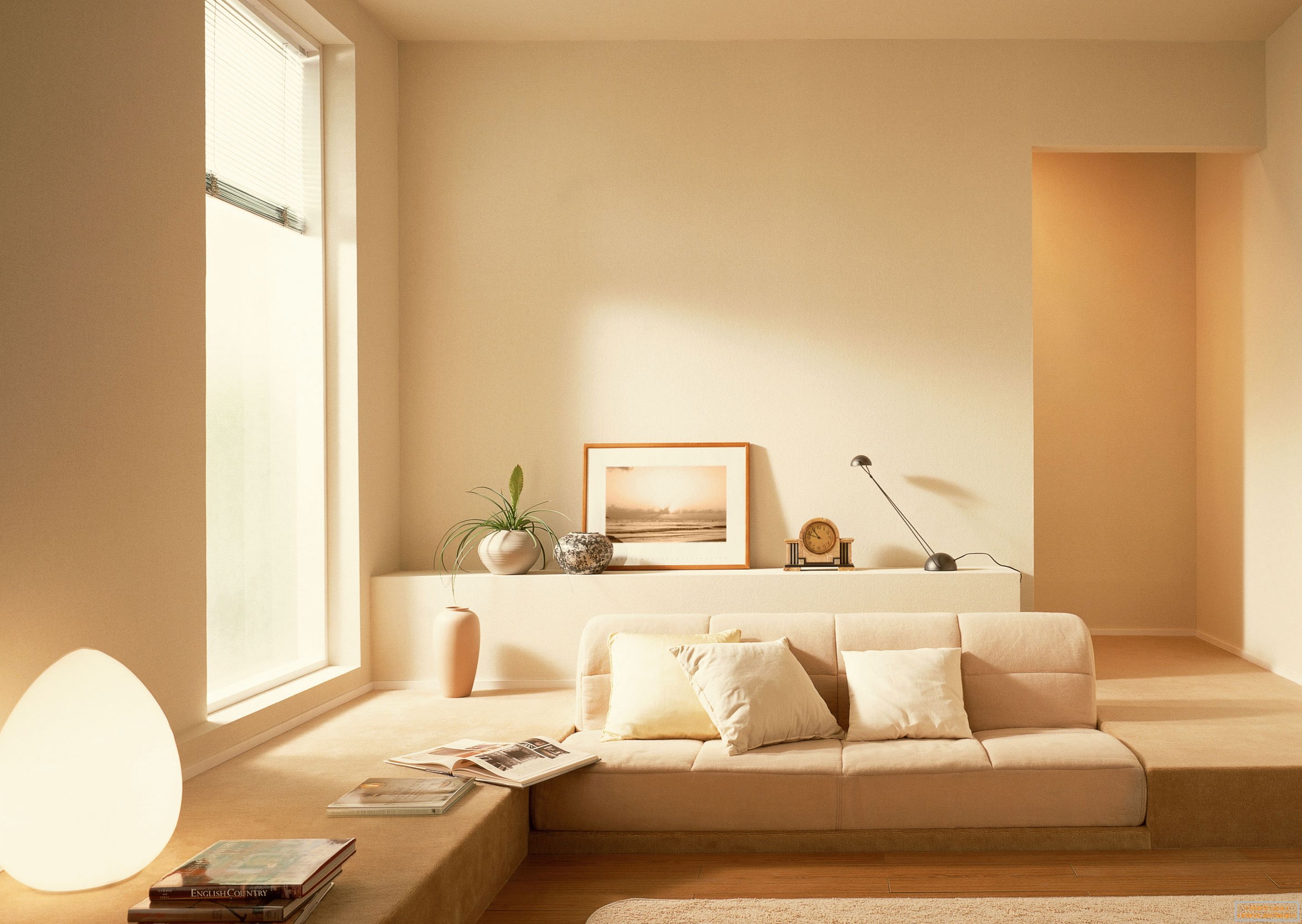 Im Einklang mit dem Stil des Minimalismus wurde eine ruhige beige Schatten verwendet, um das Innere des Wohnzimmers zu organisieren.