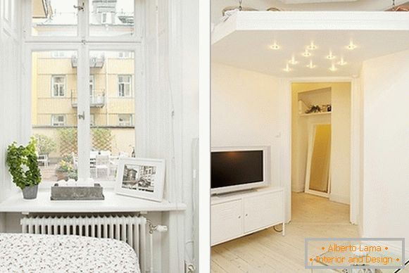 Innenraum einer bequemen Schlafzimmer- und Wohnzimmerwohnung in Schweden