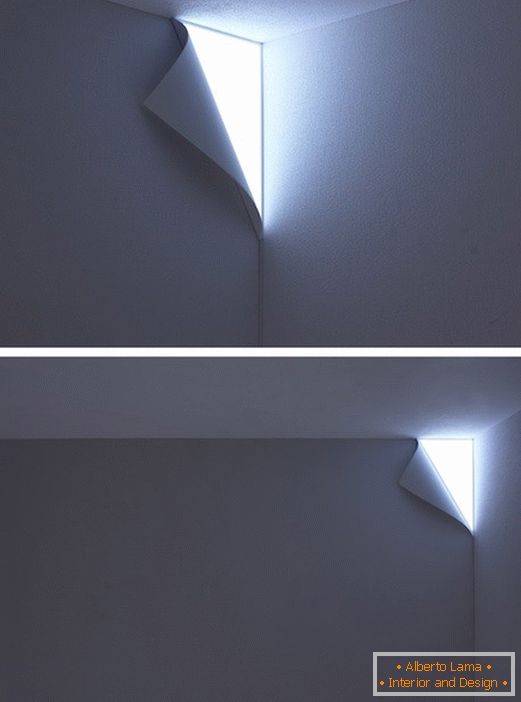 Leuchte in der Wand in Form einer gefalteten Papierkante