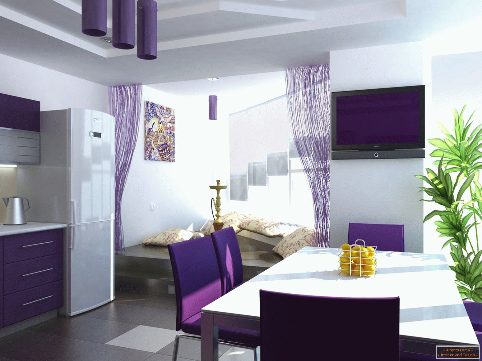 Violette Vorhänge in der Küche