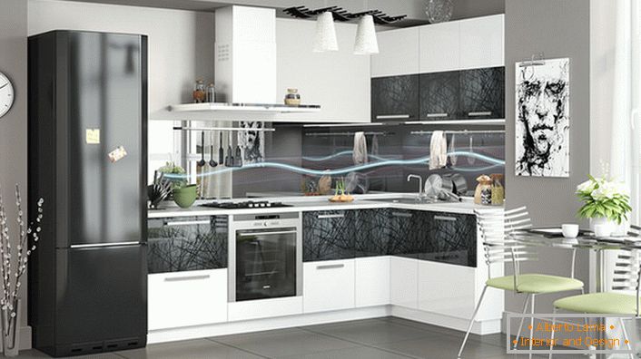 Die moderne Küche ist mit einer modularen Küchenzeile eingerichtet. Corner Set ermöglicht es Ihnen, Platz zu sparen.