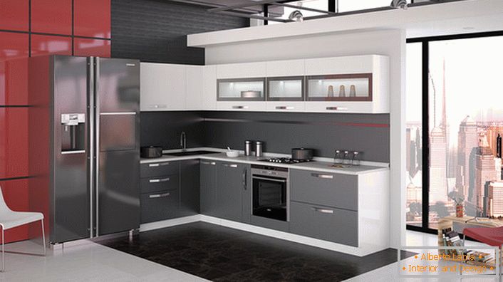 Modulare Möbel in der Küche im Stil von High-Tech. Eine erfolgreiche Lösung für die Organisation von Küchenräumen. 