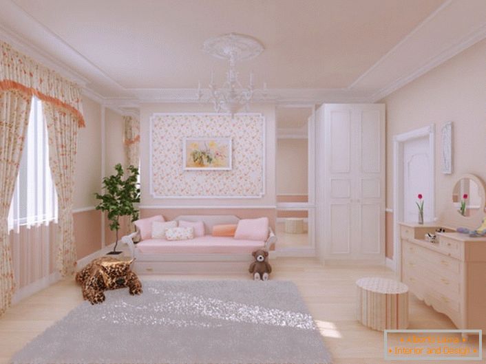 Ein hübsches Kinderzimmer ist im Landhausstil eingerichtet. Für das Dekor wird auch Stuck aus Polyurethan verwendet. 