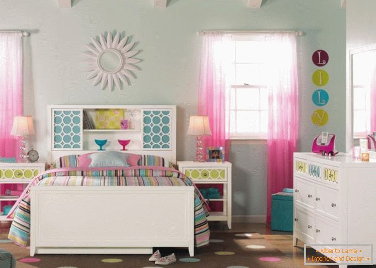 modisch-weiß-malen-Holz-Ikea-Schlafzimmer-Möbel-mit-Full-Size-Bücherregal-Kopfteil-mit-bunten Streifen-Muster-Thema-Bettwäsche-für-die-inspirierende-Teen-Girl-Schlafzimmer-Dekoration- 1120x799