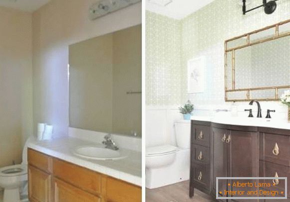 Neues Design eines Badezimmers in einem privaten Haus vor und nach