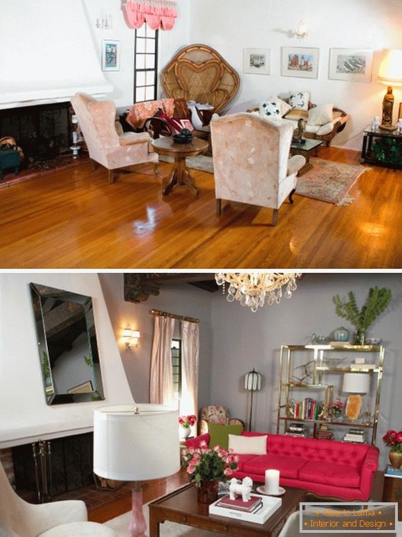 Glamouröses Design des Wohnzimmers in einem privaten Haus in Grau