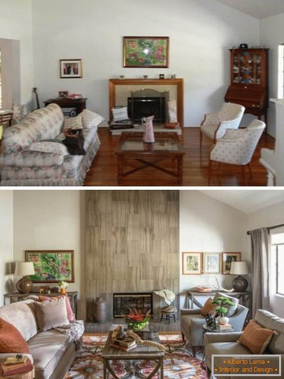 Gemütliches Wohnzimmer mit Kamin Innenarchitektur Foto vor und nach