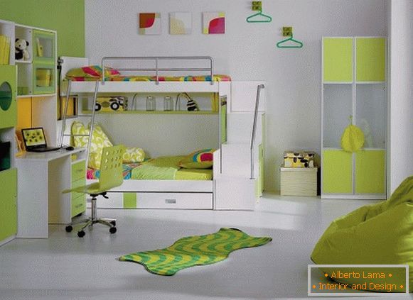 Modernes Design des Innenraums eines Kinderschlafzimmers in einem hellgrünen Farbschema