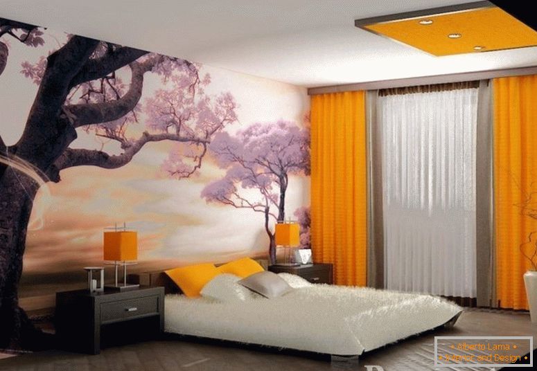 Fototapeten mit Sakura und orange Vorhängen im Schlafzimmer