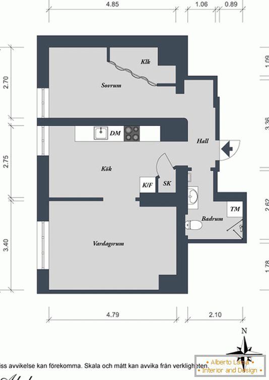 Plan einer Ein-Zimmer-Wohnung in Schweden