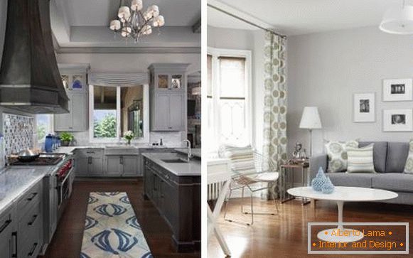 Graue Farbe im Inneren der Küche und Wohnzimmer - eine Auswahl von Fotos