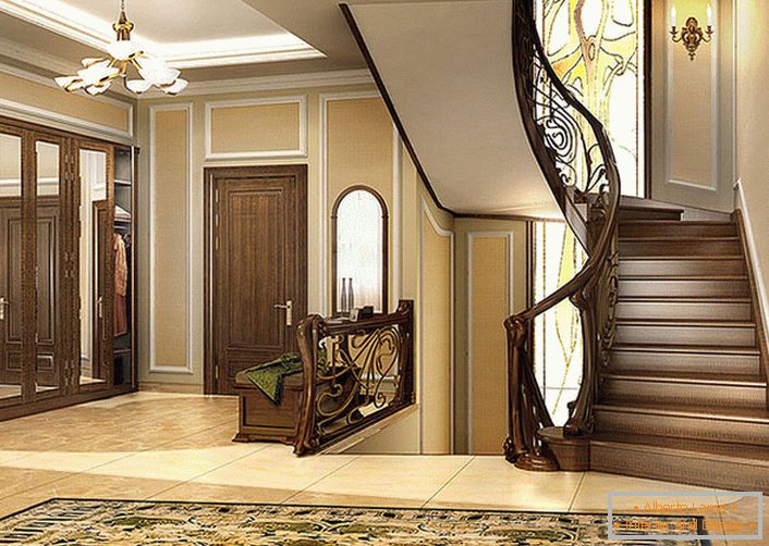 Eine elegante Kombination aus sanften Linien und Wärme aus natürlichem Holz ist das Hauptmerkmal des modernen Stils. Die Treppe und das Innere des Hauses sehen wie eins aus. 